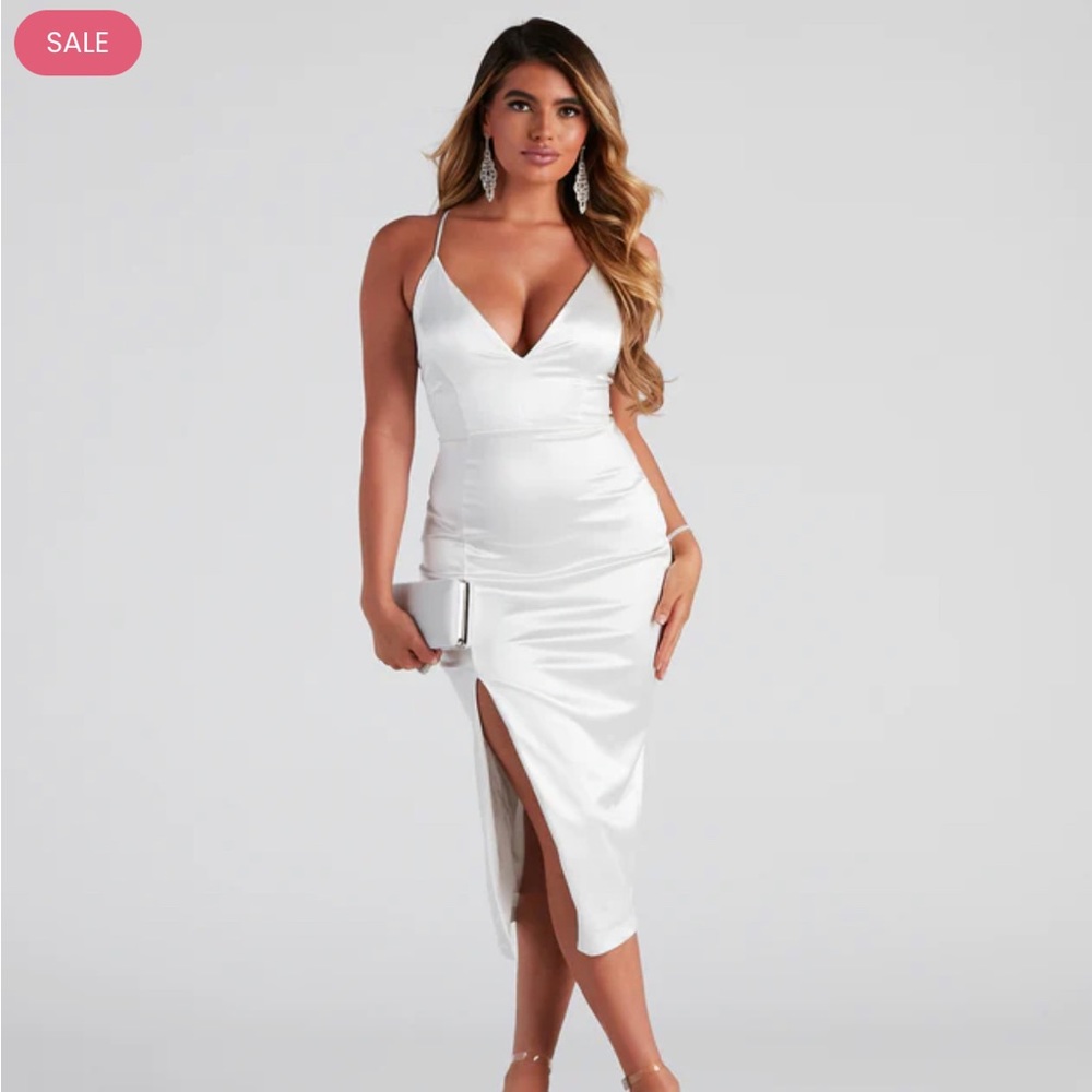 Windsor, Medium, Satin, Slit, White Dress